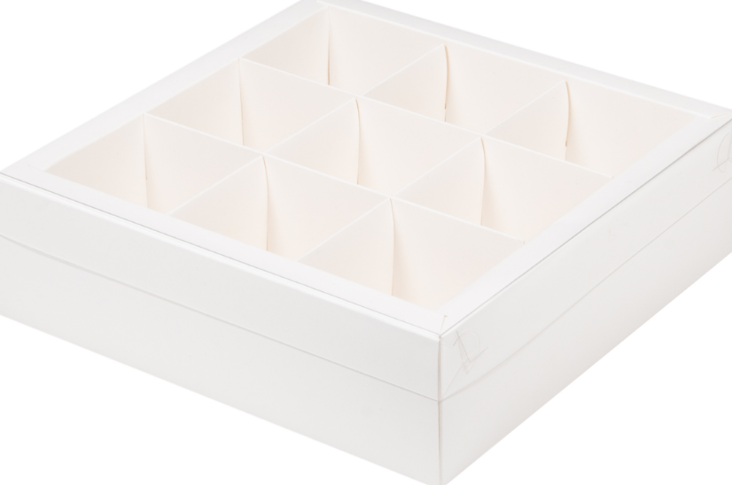картинка Коробка 24/24/7 см (9 ячеек) с пласт. крышкой белая под ассорти сладостей  от магазина KondiShop