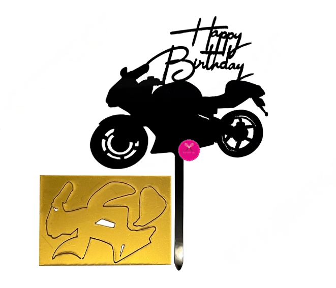 картинка Топпер Happy birthday мотоцикл чёрный с золотом акрил от магазина KondiShop