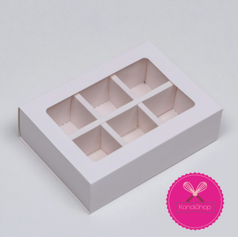 картинка УЦЕНКА Коробка под 6 конфет белая с окном выдвижная  от магазина KondiShop