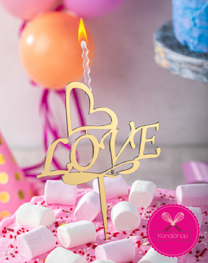 картинка Свеча топпер из акрила "LOVE" с сердцем золото, 11 см от магазина KondiShop