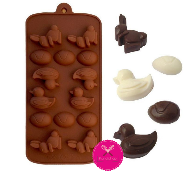 картинка Форма силиконовая для шоколада «Пасха/Зайцы, утки и яйца», 14 ячеек от магазина KondiShop
