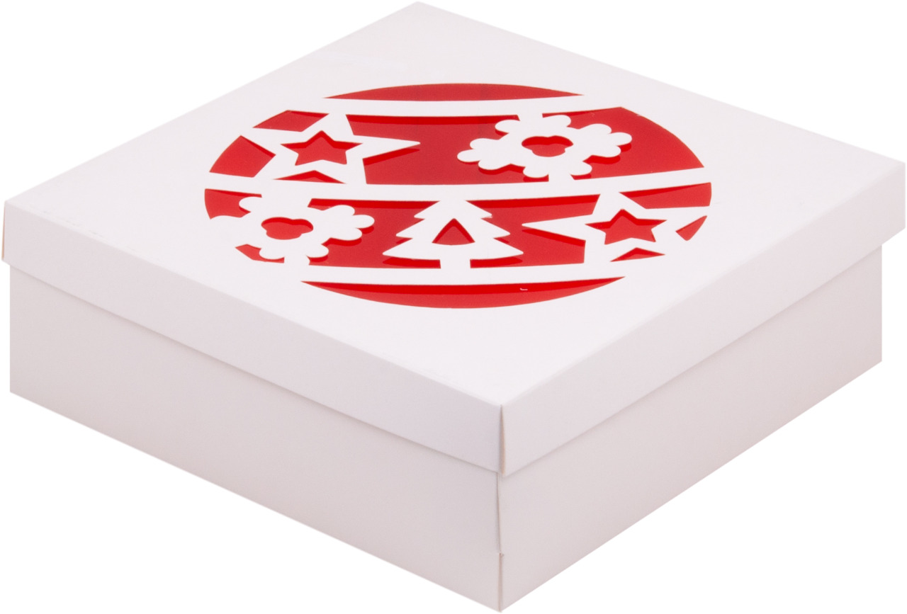 картинка Коробка 20/20/7 с красным окном,"Новогодний шар" белая от магазина KondiShop